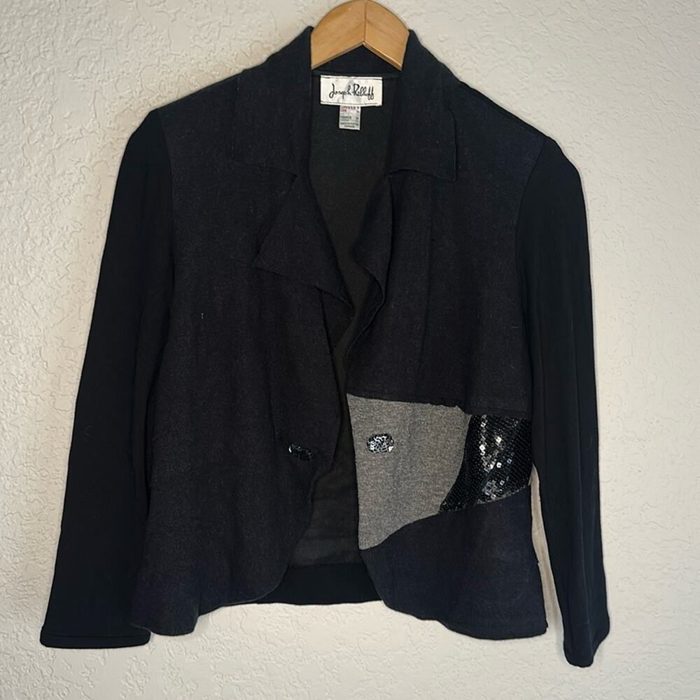 Joseph Ribkoff Black Open Knit Blazer Jacket Sequin Glam Buttons 80s Y2K Mobwife
